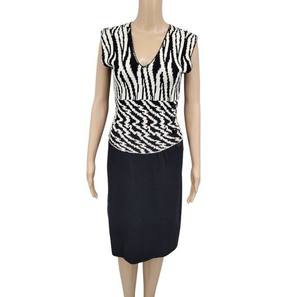 Antonella Preve Vintage Knit Midi Dress Drop Shoulder Vneck Black Off White - Picture 1 of 15